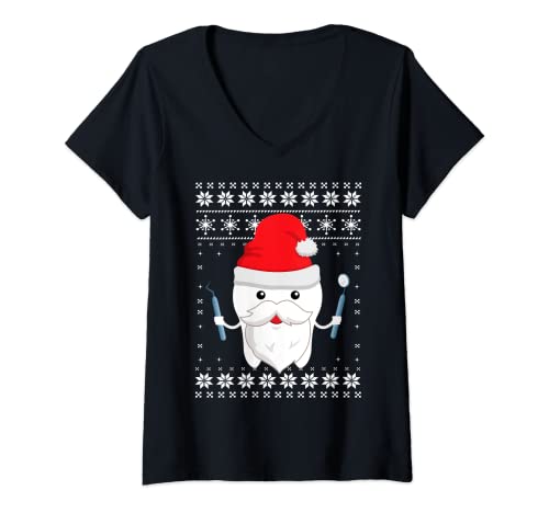 Mujer Sombrero De Diente Santa Dentista SuÃ©ter Feo ClÃ­nica De Navidad Dental Camiseta Cuello V