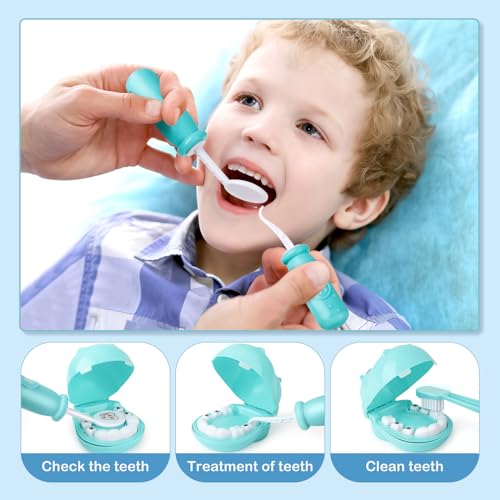 deAO Maletín de Doctor y Dentista Conjunto 2en1 Doctor y Enfermería Clínica Dental Juego para Niños y Niñas Incluye 17 Accesorios Luces y Sonidos Juegos de Imitación (Azul)