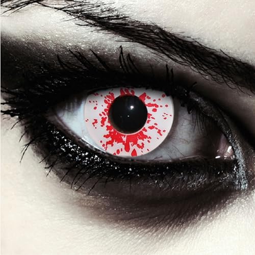 DESIGNLENSES, Dos lentillas de color blanco sangriento para Halloween zombie disfraz, 1 par/2 pzs, sin graduaciÃ³n + caso de lente â€žBlood Splash