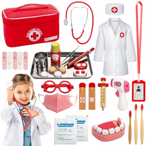 Sundaymot Maletin Medicos Doctora, Juguete de Madera, Conjunto 2 en 1, con Estetoscopio, Termómetro, Estuche de Dentista, rol Rojo para niños de 3 4 5 años (33 Piezas)