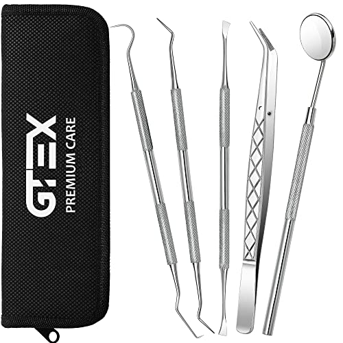 GTEX 5Pcs Kit de Dentista Para Eliminar el Sarro - Limpiador Dental, Raspador, Espejo, Escalador - Limpieza De Dientes Para La Higiene Bucal